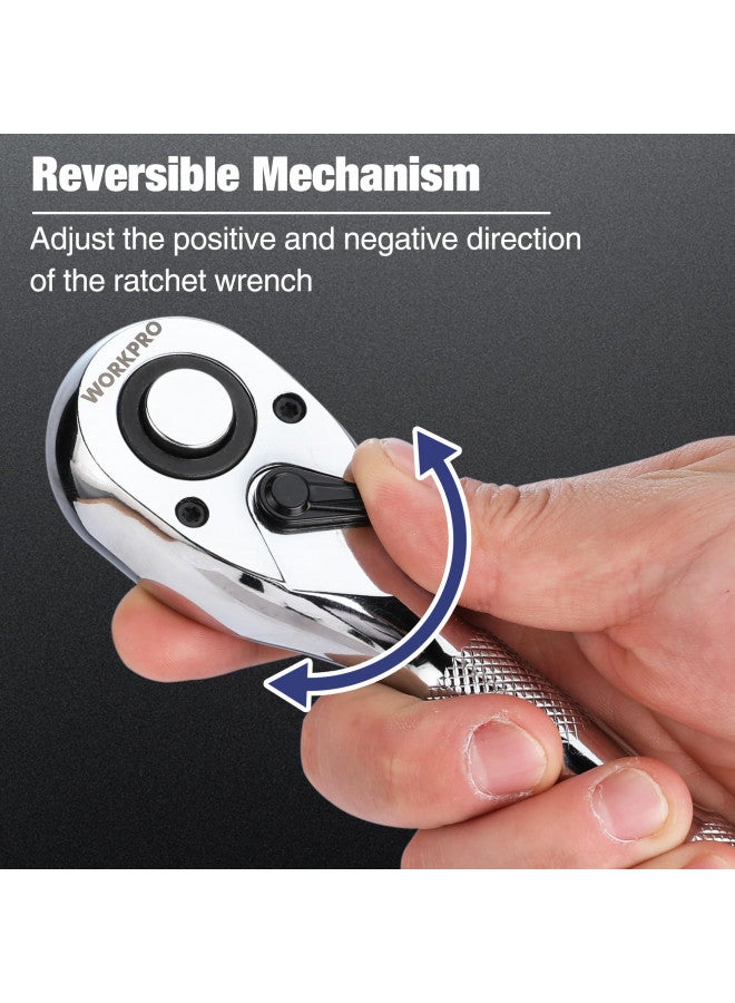 WORKPRO 3-Piece Stubby Ratchet Set, Quick Release Reversible, 1/4", 3/8", 1/2" Drive Mini Ratchet Handle, Small Ratchet Set, Chrome Alloy Made, CR-MO Head, 72-Tooth, Full Polished - Image 3