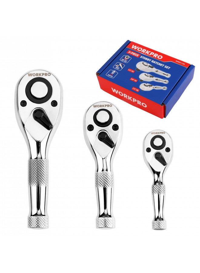 WORKPRO 3-Piece Stubby Ratchet Set, Quick Release Reversible, 1/4", 3/8", 1/2" Drive Mini Ratchet Handle, Small Ratchet Set, Chrome Alloy Made, CR-MO Head, 72-Tooth, Full Polished - Image 1
