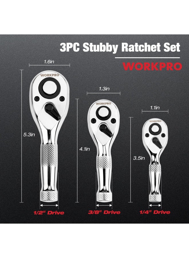 WORKPRO 3-Piece Stubby Ratchet Set, Quick Release Reversible, 1/4", 3/8", 1/2" Drive Mini Ratchet Handle, Small Ratchet Set, Chrome Alloy Made, CR-MO Head, 72-Tooth, Full Polished - Image 2