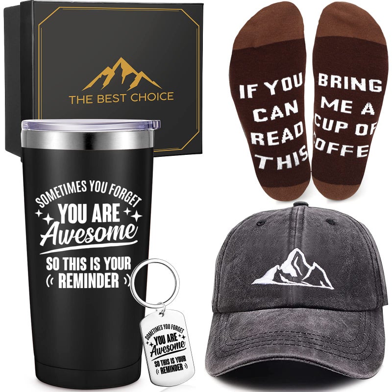 Sieral Sieral 5 Pcs Birthday Gifts for Men Appreciation Gifts Thank You Tumbler Baseball Cap Socks Keychain with Gift Box