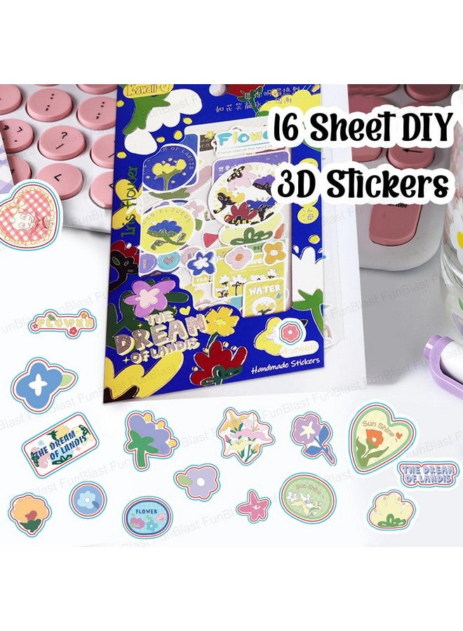 فنبلاست مجموعة ملصقات FunBlast Kawaii - 16 ورقة (100+ قطعة) ملصقات ثلاثية الأبعاد DIY للبنات، ملصقات جمالية، ملصقات للتدوين، سكرابوكينغ، مجموعة ملصقات لطيفة (زهور - 4 × 4 = 16 ورقة) - Image 4
