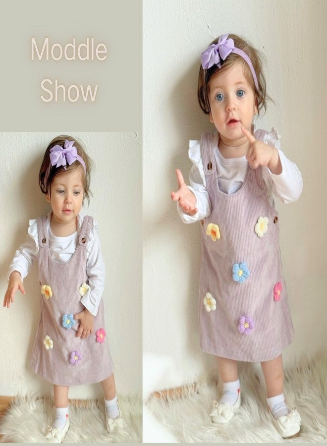 KOZBY Preemie Baby Girl Suspender Corduroy Skirt Dresses 3D Embroidered Floral Pattern Long Sleeves Outfits Fall Winter Spring 3Pcs Clothes Purple - Image 2