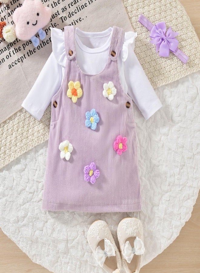 KOZBY Preemie Baby Girl Suspender Corduroy Skirt Dresses 3D Embroidered Floral Pattern Long Sleeves Outfits Fall Winter Spring 3Pcs Clothes Purple - Image 4