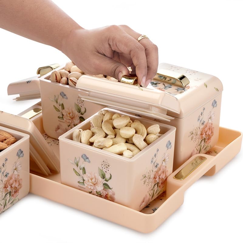 NAYASA Miracle Dry Fruit,4 Pcs Container Serving Tray Set,600 ML Each,Multipurpose Plastic Serving Set,Premium Design,BPA Free,Food Grade,Air-Tight Lid,Snack Organizer Tray,Ivory,Multicolor - Image 5