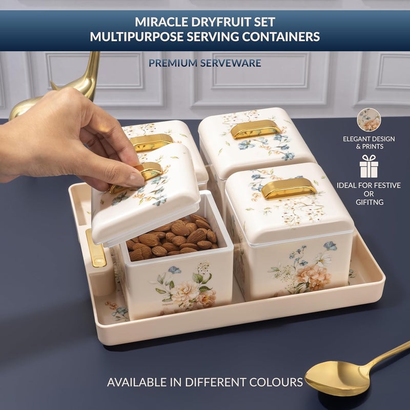 NAYASA Miracle Dry Fruit,4 Pcs Container Serving Tray Set,600 ML Each,Multipurpose Plastic Serving Set,Premium Design,BPA Free,Food Grade,Air-Tight Lid,Snack Organizer Tray,Ivory,Multicolor - Image 2