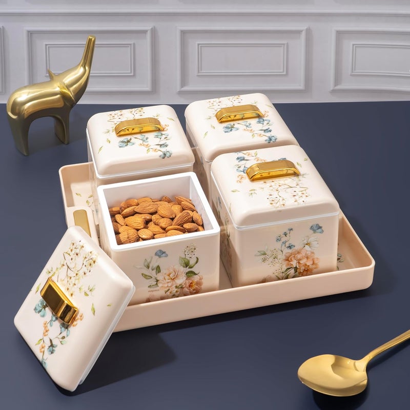 NAYASA Miracle Dry Fruit,4 Pcs Container Serving Tray Set,600 ML Each,Multipurpose Plastic Serving Set,Premium Design,BPA Free,Food Grade,Air-Tight Lid,Snack Organizer Tray,Ivory,Multicolor - Image 1