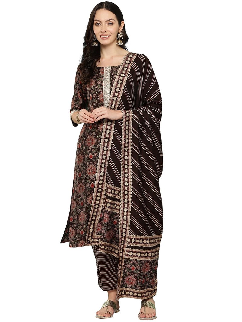 Libas Women's Silk Blend Kurta Sets (34619_Brown - Image 1