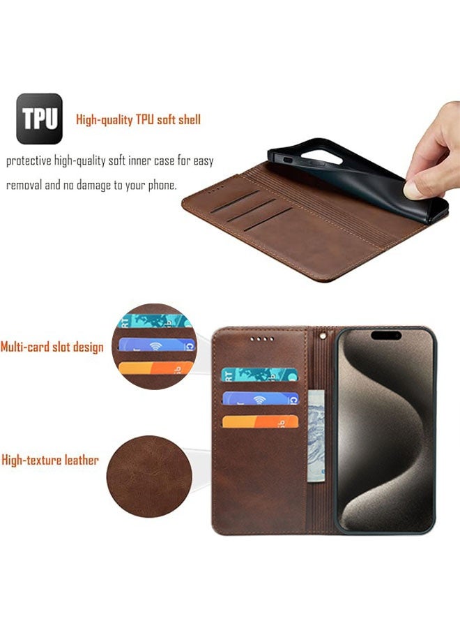 iPhone 17 Air Flip Case PU Leather Wrist Strap Wallet Case with 3 Card Holder Shockproof Flip Cover, Brown - Image 5