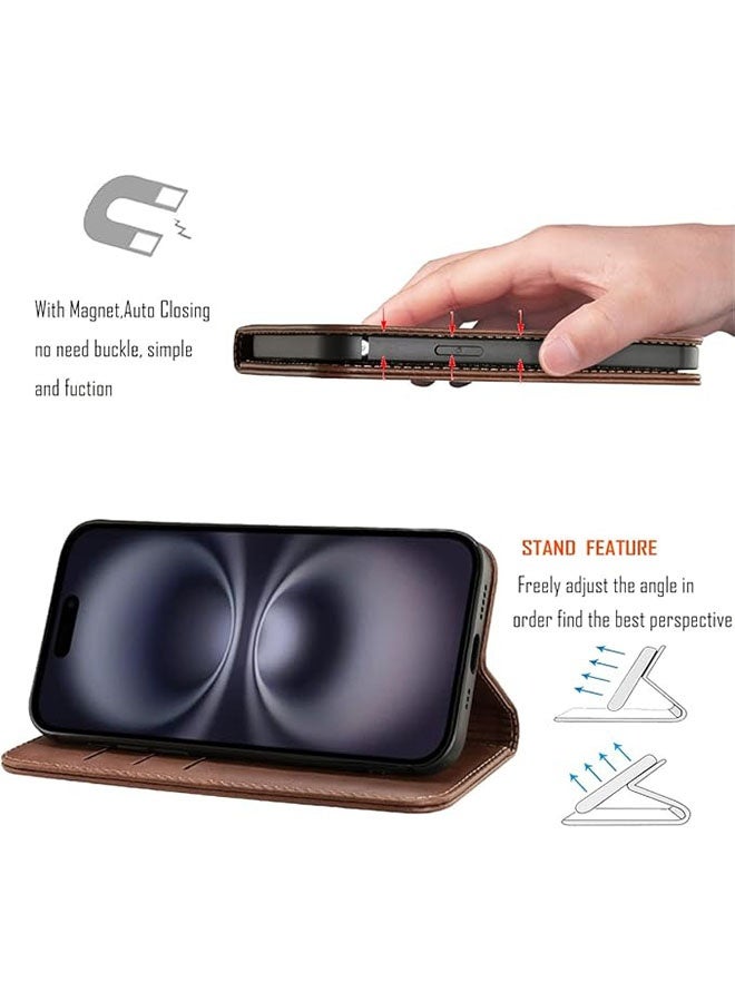 iPhone 17 Air Flip Case PU Leather Wrist Strap Wallet Case with 3 Card Holder Shockproof Flip Cover, Brown - Image 2