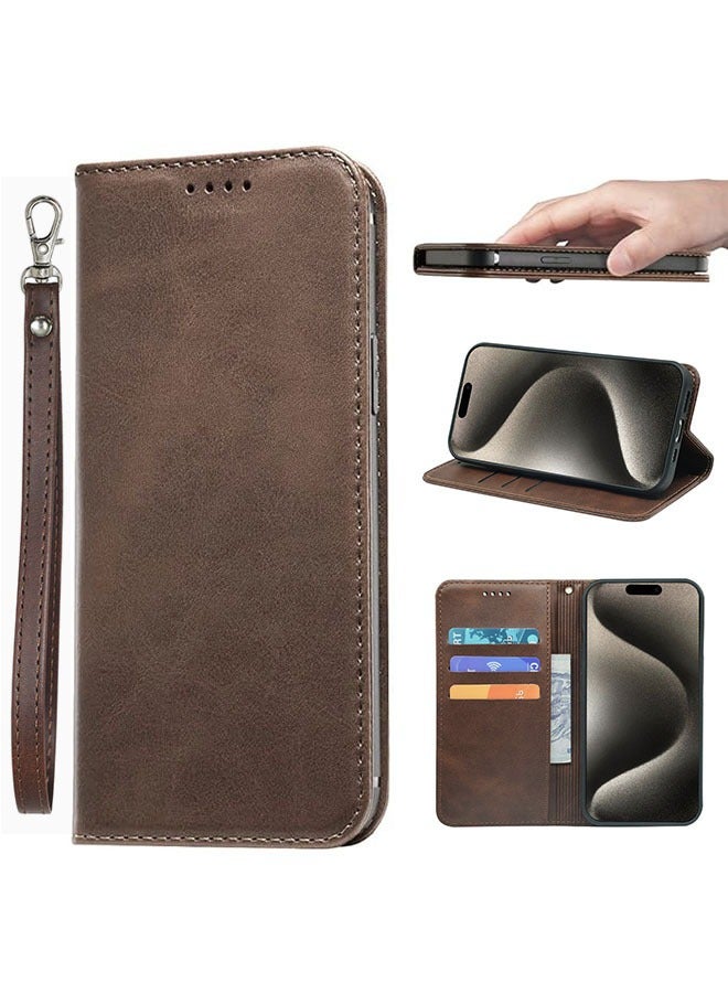iPhone 17 Air Flip Case PU Leather Wrist Strap Wallet Case with 3 Card Holder Shockproof Flip Cover, Brown - Image 1