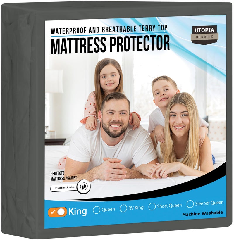 Utopia Bedding Waterproof Mattress Protector King Size Premium Terry Mattress Cover 200 GSM Breathable Fitted Style with Stretchable Pockets Gray