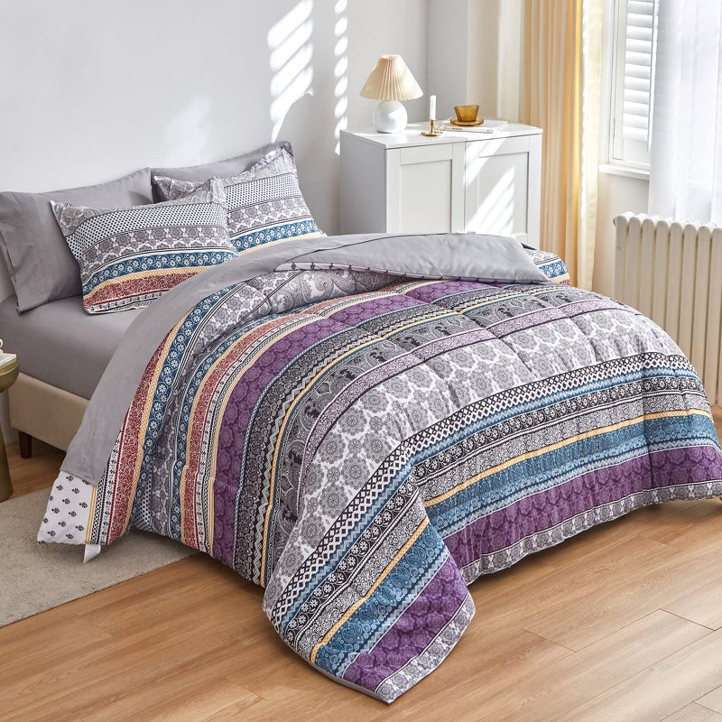 Flysheep Bohemian Bed in a Bag 7 Pieces Queen Size Colorful Boho Purple Orange Gray Stripes Reversible Bed Comforter Set 1 Comforter 1 Flat Sheet 1 Fitted Sheet 2 Pillow Shams 2 Pillowcases