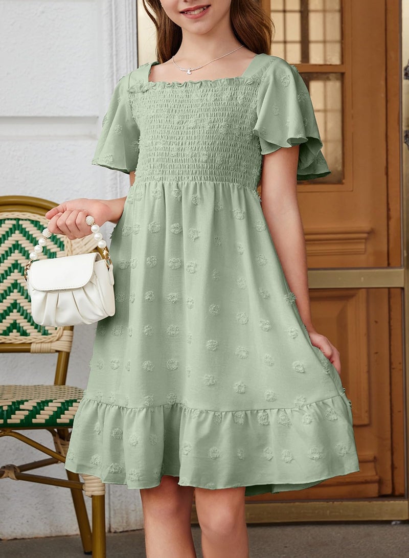 blibean Tween Girls Spring Dress Teen Girl Chiffon Flower Boho Dresses Big Kids Bell Short Sleeve Formal Clothes Tulle Swiss Dots Easter Vestidos NiÃ±as Size 14 15 16 Years Old Green - Image 5