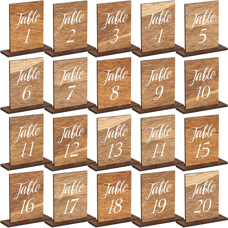 Chunful 20 Pcs Wedding Wooden Table Numbers with Wooden Base Rustic Wedding Centerpieces for Tables Number Sign for Banquet Restaurant Party Decor(Classic Style) - Image 1