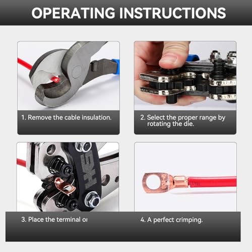 HKS Battery Cable Lug Crimping Tool 10-1 AWG, 60Pcs Copper Ring Terminals & 60Pcs 3:1 Heat Shrink Tubing, Heavy Duty Wire Crimper Set for Battery Cables - Image 4
