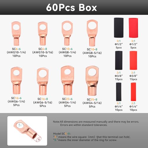 HKS Battery Cable Lug Crimping Tool 10-1 AWG, 60Pcs Copper Ring Terminals & 60Pcs 3:1 Heat Shrink Tubing, Heavy Duty Wire Crimper Set for Battery Cables - Image 2