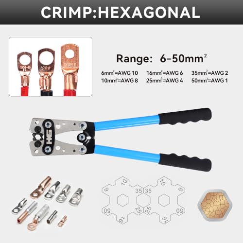 HKS Battery Cable Lug Crimping Tool 10-1 AWG, 60Pcs Copper Ring Terminals & 60Pcs 3:1 Heat Shrink Tubing, Heavy Duty Wire Crimper Set for Battery Cables - Image 3