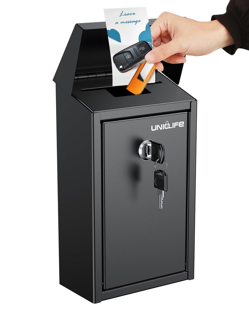 Uniclife Black Metal Donation Box Wall Mounted Mailbox with Top Slot, Collection Box with Key Lock, Safe Suggestion Box, Key Drop Box for Outside, Steel Cash Drop Box for Home Office and Business - Image 1