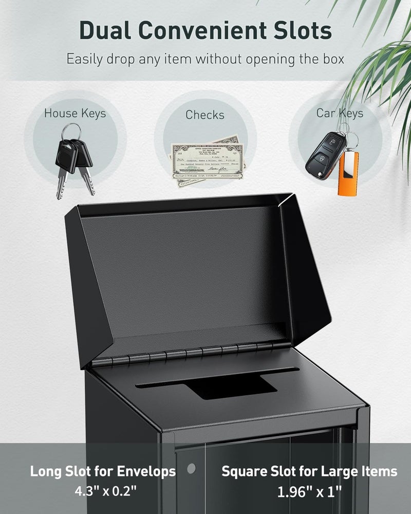 Uniclife Black Metal Donation Box Wall Mounted Mailbox with Top Slot, Collection Box with Key Lock, Safe Suggestion Box, Key Drop Box for Outside, Steel Cash Drop Box for Home Office and Business - Image 2