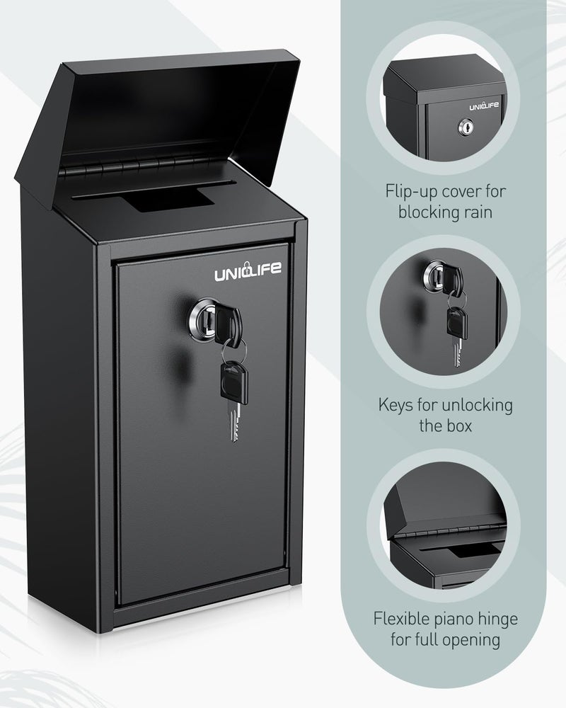 Uniclife Black Metal Donation Box Wall Mounted Mailbox with Top Slot, Collection Box with Key Lock, Safe Suggestion Box, Key Drop Box for Outside, Steel Cash Drop Box for Home Office and Business - Image 3