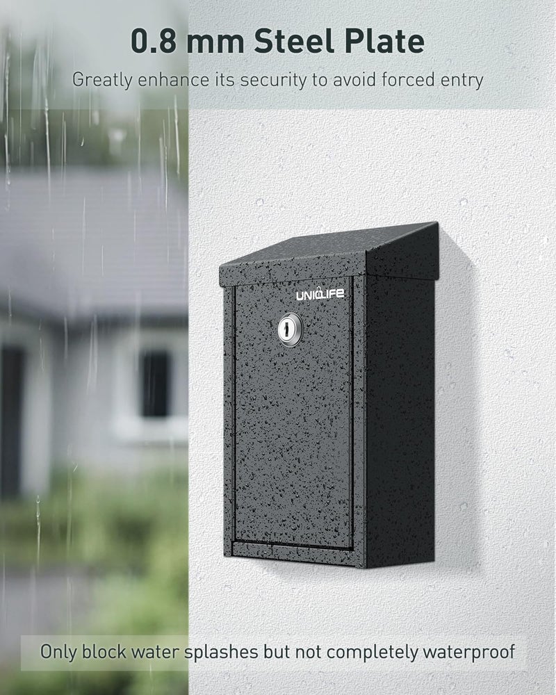 Uniclife Black Metal Donation Box Wall Mounted Mailbox with Top Slot, Collection Box with Key Lock, Safe Suggestion Box, Key Drop Box for Outside, Steel Cash Drop Box for Home Office and Business - Image 5