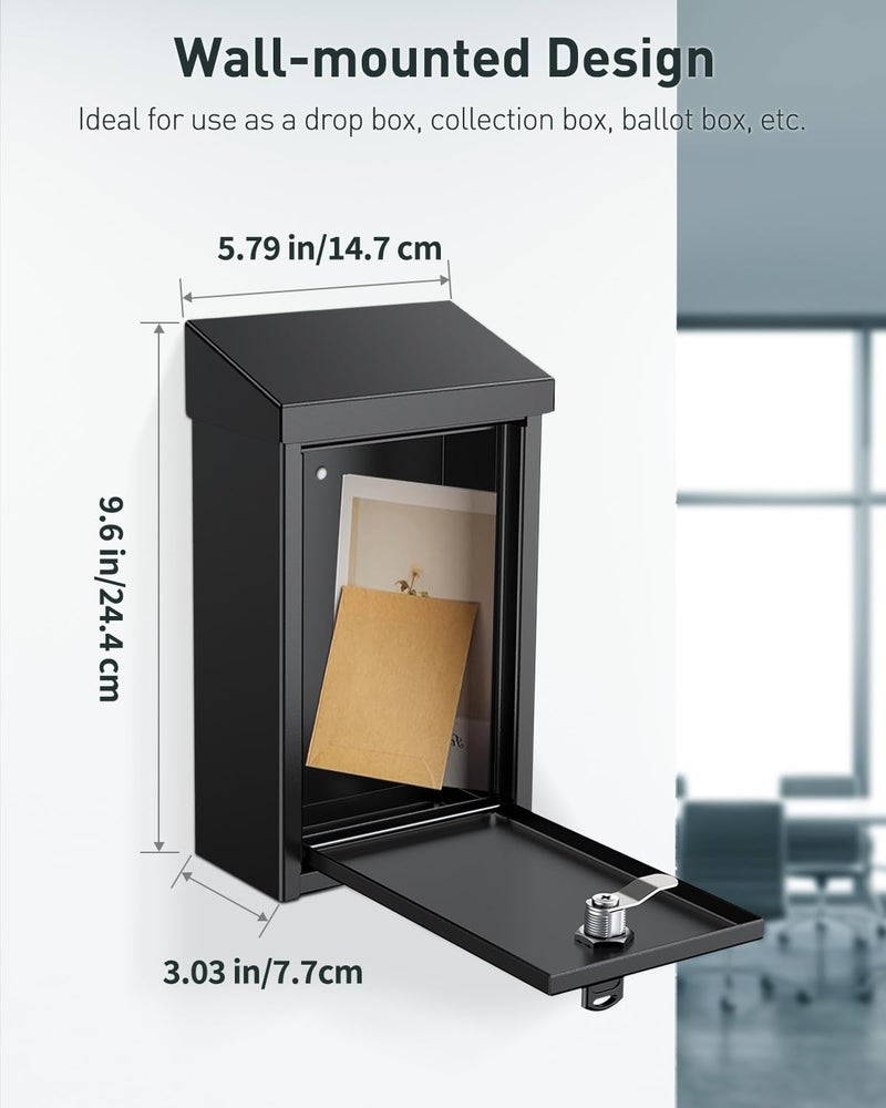 Uniclife Black Metal Donation Box Wall Mounted Mailbox with Top Slot, Collection Box with Key Lock, Safe Suggestion Box, Key Drop Box for Outside, Steel Cash Drop Box for Home Office and Business - Image 4