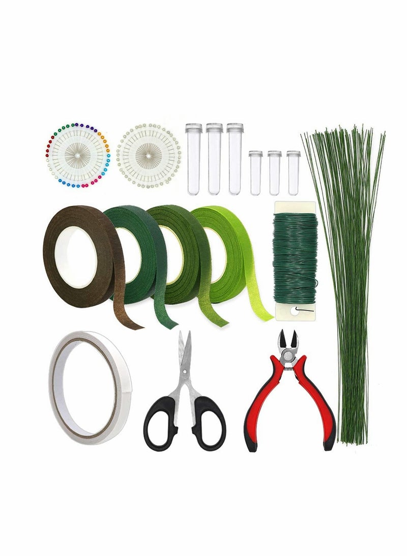 KASTWAVE Floral Arrangement Kit,Floral Craft Tools with 17Pcs Floral Tape 26 Gauge Stem Wire 22 Gauge Paddle Wire 2Pcs Double-Sided Tape for Pearl Corsage Pin Bouquet Wrap Florist - Image 1