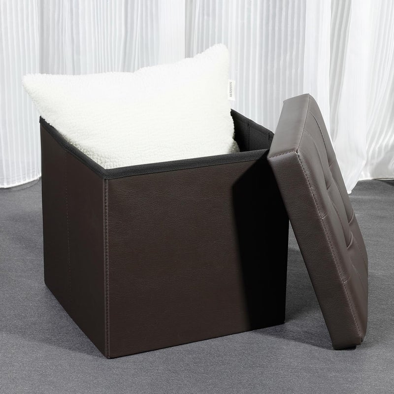 B FSOBEIIALEO Folding Storage Ottoman Cube Footrest Faux Leather for Living Room Seat Chest Brown 12.6"X12.6"X12.6" - Image 2
