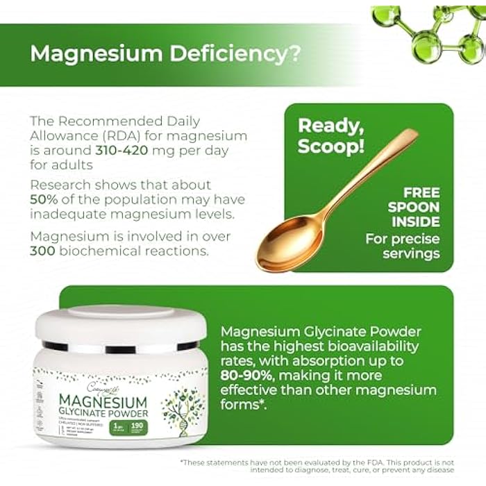 cosynee Magnesium Glycinate 220mg High Absorption Magnesium Powder for Sleep, Calm, Powdered Chelated Magneisum bisglycinate Glicinato de Magnesio 190 Serving - Image 2