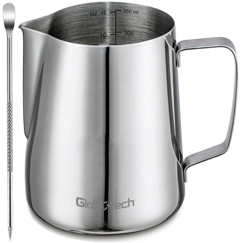 GLOBOTECH Stainless Steel Milk Frothing Pitcher 12 Oz 350ml Latte Art Cup Espresso Machine Accessories Steaming Jug for Cappuccino Coffee Milk Hot Chocolate Cups 