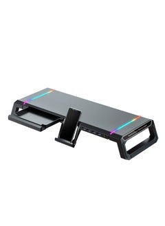 RGB Gaming Computer Monitor Stand Riser - 4 USB 3.0 Hub, 3 Length Adjustable, Laptop Desk Shelf with Storage Drawer and Tablet Phone Holder, Desk Organizers for Desktop, Printer (Black)