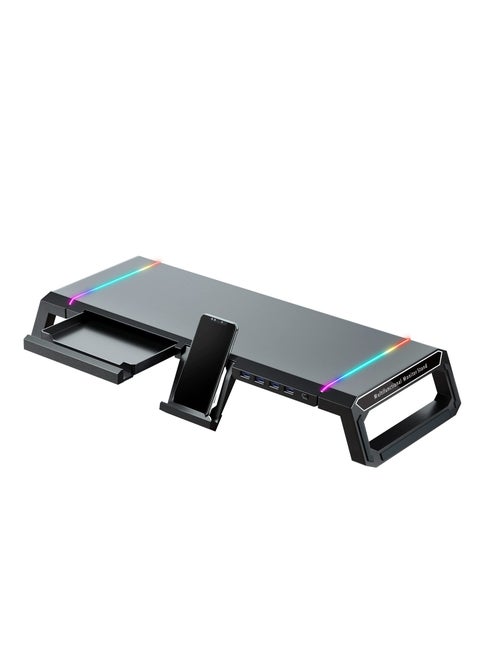 RGB Gaming Computer Monitor Stand Riser - 4 USB 3.0 Hub, 3 Length Adjustable, Laptop Desk Shelf with Storage Drawer and Tablet Phone Holder, Desk Organizers for Desktop, Printer (Black)