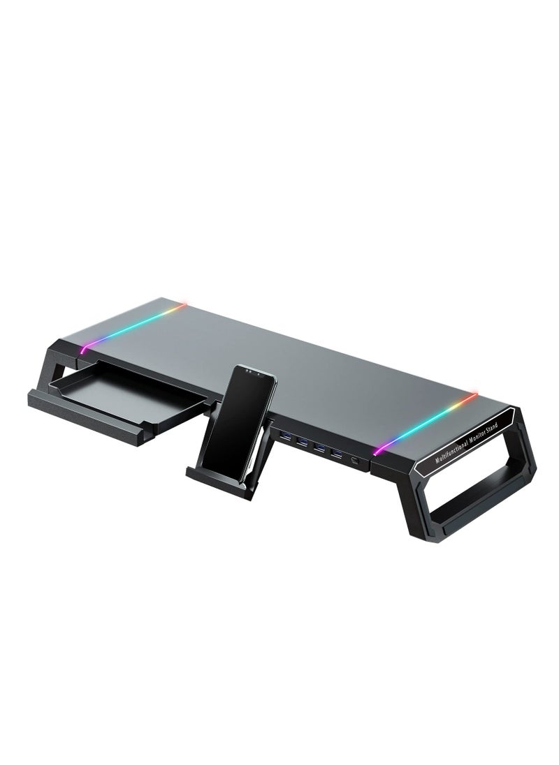 SYOSI - RGB Gaming Computer Monitor Stand Riser - 4 USB 3.0 Hub, 3 Length Adjustable, Laptop Desk Shelf with Storage Drawer and Tablet Phone Holder, Desk Organizers for Desktop, Printer (Black) - Image 1