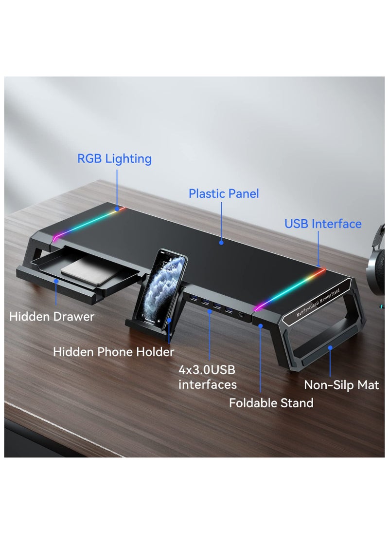 SYOSI - RGB Gaming Computer Monitor Stand Riser - 4 USB 3.0 Hub, 3 Length Adjustable, Laptop Desk Shelf with Storage Drawer and Tablet Phone Holder, Desk Organizers for Desktop, Printer (Black) - Image 1