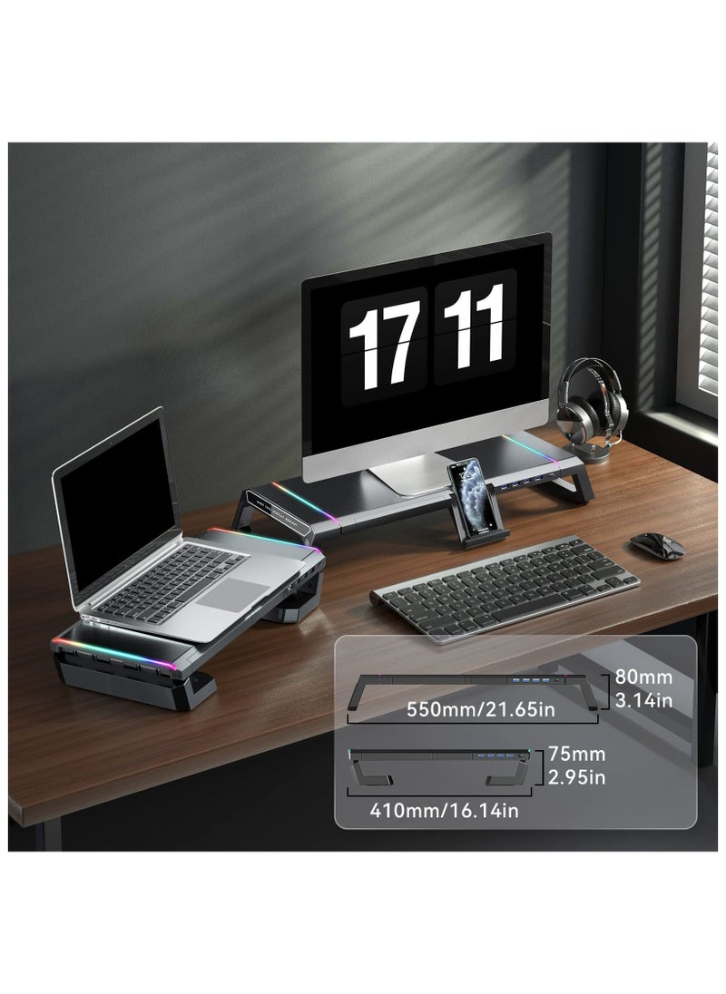 SYOSI - RGB Gaming Computer Monitor Stand Riser - 4 USB 3.0 Hub, 3 Length Adjustable, Laptop Desk Shelf with Storage Drawer and Tablet Phone Holder, Desk Organizers for Desktop, Printer (Black) - Image 1