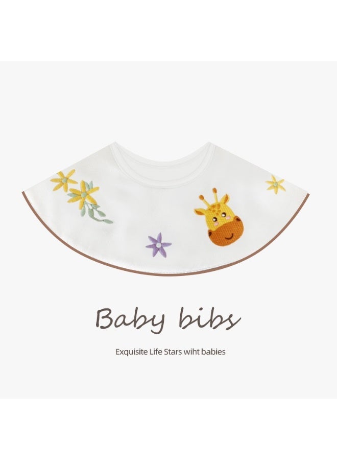 Premium Embroidered Cotton Baby Bib with Giraffe and Flower Design - Waterproof Adjustable Drool Bib, Rolled Edge for Elegant Protection - Image 2