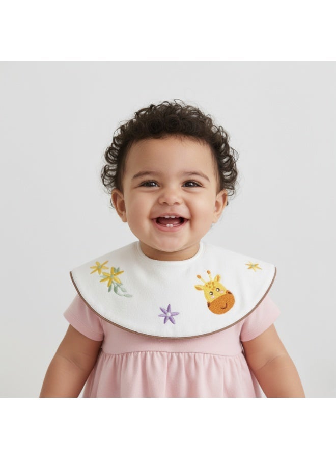Premium Embroidered Cotton Baby Bib with Giraffe and Flower Design - Waterproof Adjustable Drool Bib, Rolled Edge for Elegant Protection - Image 1