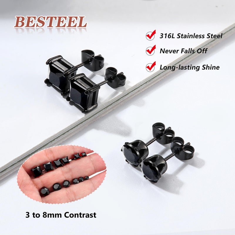 Besteel 2 Pairs Stainless Steel Mens Womens CZ Stud Earrings Pierced Earrings Black 20G 3-8mm - Image 5