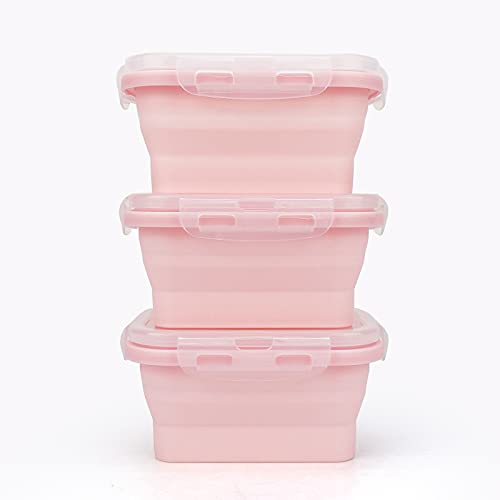 CCyanzi 3piece Collapsible Food Storage Containers with Lids, Silicone Lunch Container, Microwave & Freezer Safe, Space Saving for Kitchen Cabinet and Camping Backpack,(pink) - Image 2