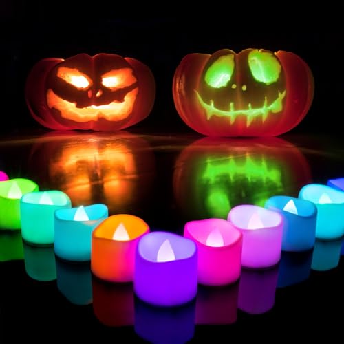 Homemory Multi Color Changing Tea Lights Battery Operated, 7-Color Changing LED Plastic Holiday Candles for Halloween, Pumpkin, Ofrenda, Christmas, Party, Dia1.5'' x H1.3'', 24-Pack [White Base] - Image 1