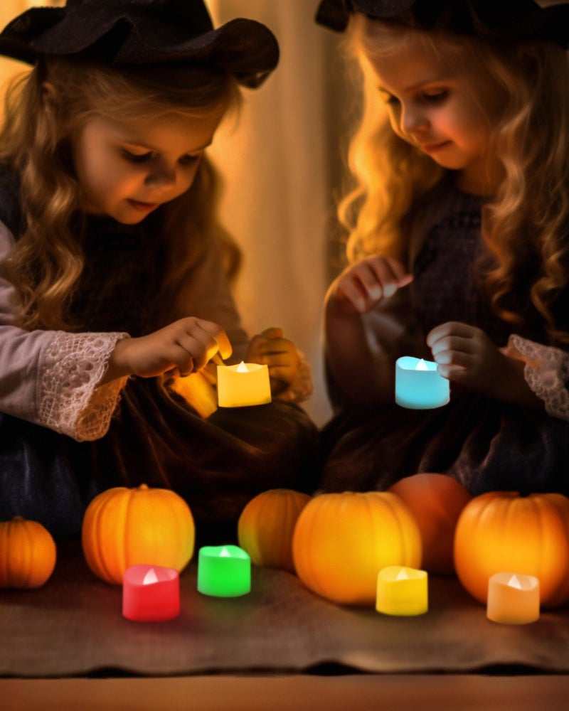 Homemory Multi Color Changing Tea Lights Battery Operated, 7-Color Changing LED Plastic Holiday Candles for Halloween, Pumpkin, Ofrenda, Christmas, Party, Dia1.5'' x H1.3'', 24-Pack [White Base] - Image 4