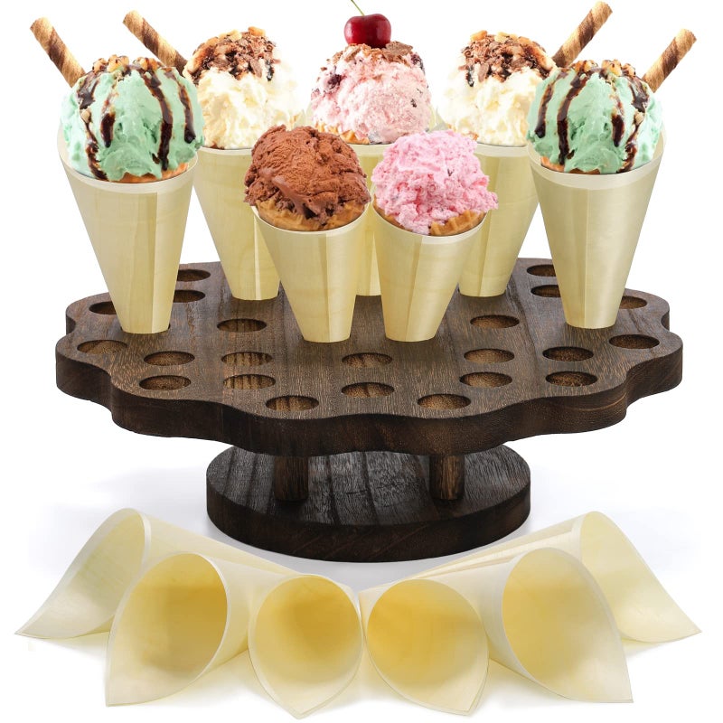 AVLA Ice Cream Cone Holder with 100 Wooden Cones 36 Holes Waffle Cone Display Stand Snack Tray for Wedding Hand Roll Sushi Popcorn Rack for Birthday Party Buffet Restaurant Food Truck