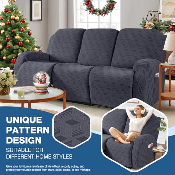 TAOCOCO Recliner Sofa Covers Stretch Reclining Couch Cover, Jacquard Recliner Couch Cover for 3 Seat Furniture Protector Sofa Slipcovers with Elastic Bottom for Kids, Pets (Dark Grey) - Image 3