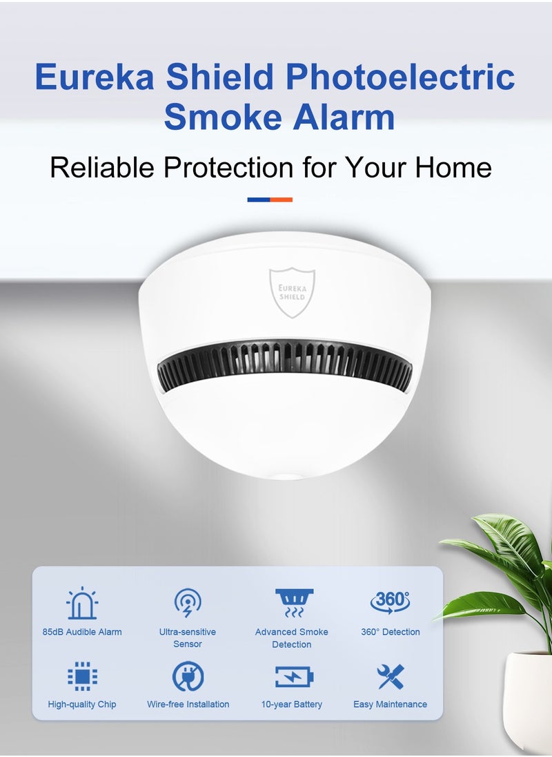 EUREKA SHIELD 10-Year Battery Smoke Detector for Home | 85dB Fire Alarm, Military-Grade Photoelectric Sensor Reduces 70% False Alarms | CE/UL Globally Certified | Easy Install (Adhesive/Screws) Pack of 6  - Image 4