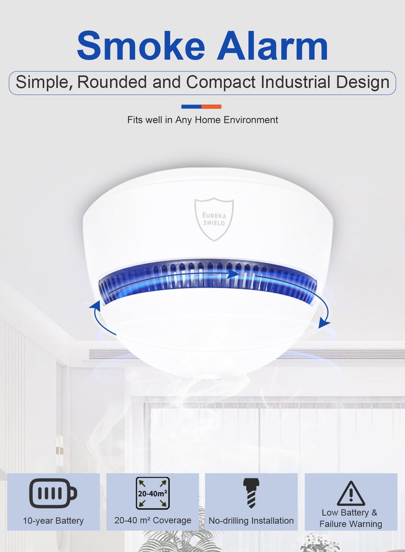 10-Year Battery Smoke Detector for Home | 85dB Fire Alarm, Military-Grade Photoelectric Sensor Reduces 70% False Alarms | CE/UL Globally Certified | Easy Install (Adhesive/Screws) Pack of 6