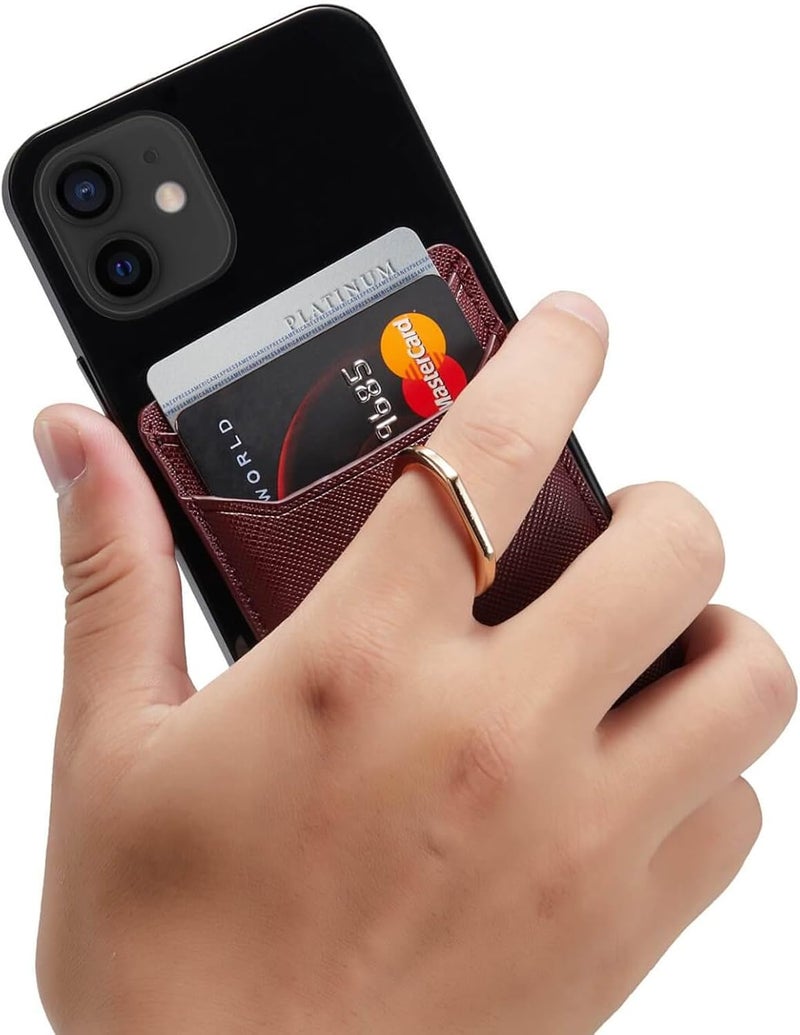 TOPWOOZU Phone Card Holder with Ring Grip for Back of Phone,Adhesive Stick-on Credit Card Wallet Pocket for iPhone,Android and Smartphones (Wine) - Image 2