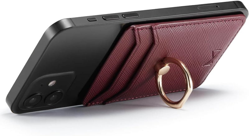 TOPWOOZU Phone Card Holder with Ring Grip for Back of Phone,Adhesive Stick-on Credit Card Wallet Pocket for iPhone,Android and Smartphones (Wine) - Image 4