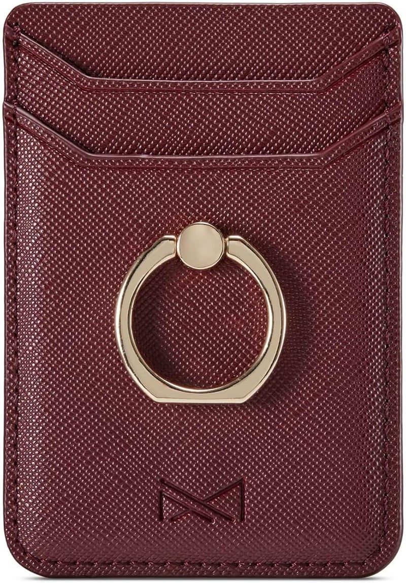 TOPWOOZU Phone Card Holder with Ring Grip for Back of Phone,Adhesive Stick-on Credit Card Wallet Pocket for iPhone,Android and Smartphones (Wine) - Image 1
