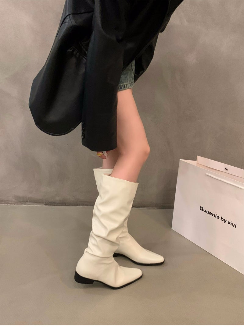 Women's square heel pleated pile boots 2023 new European and American fashionable elegant Western thin boots pointed sleeve boots - Image 1