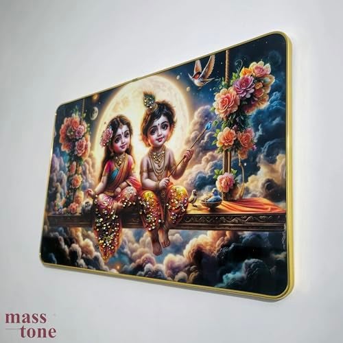 Masstone Radha Krishna Crystal Embedded High Gloss Wall Painting, Golden Slim Frame, 45x30 Cm Wall Art for Living Room, Bedroom, Office & Home Décor (CRG53) - Image 4